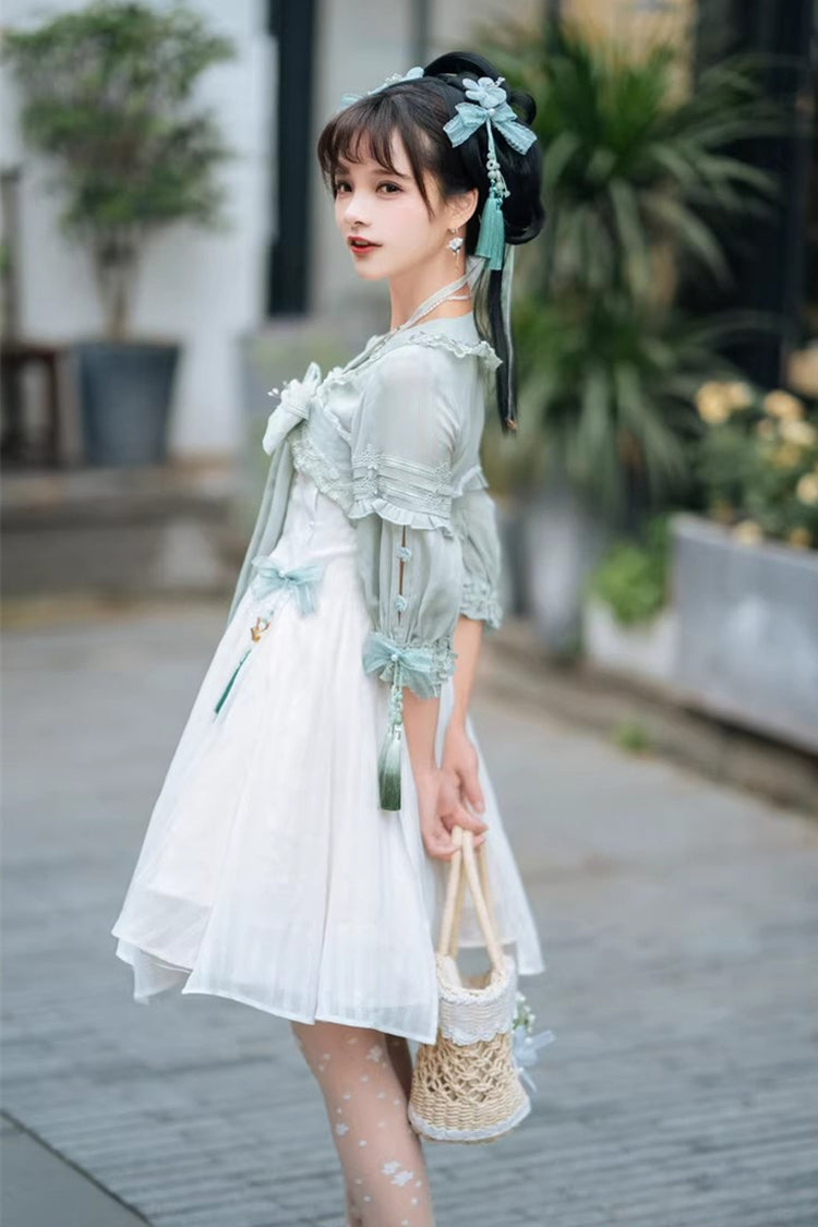 White/Green Half Sleeves Ruffled Bow Sweet Chinese Style Lolita Hanfu Dress - Product - 12