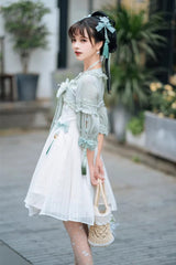 White/Green Half Sleeves Ruffled Bow Sweet Chinese Style Lolita Hanfu Dress - Product - 12