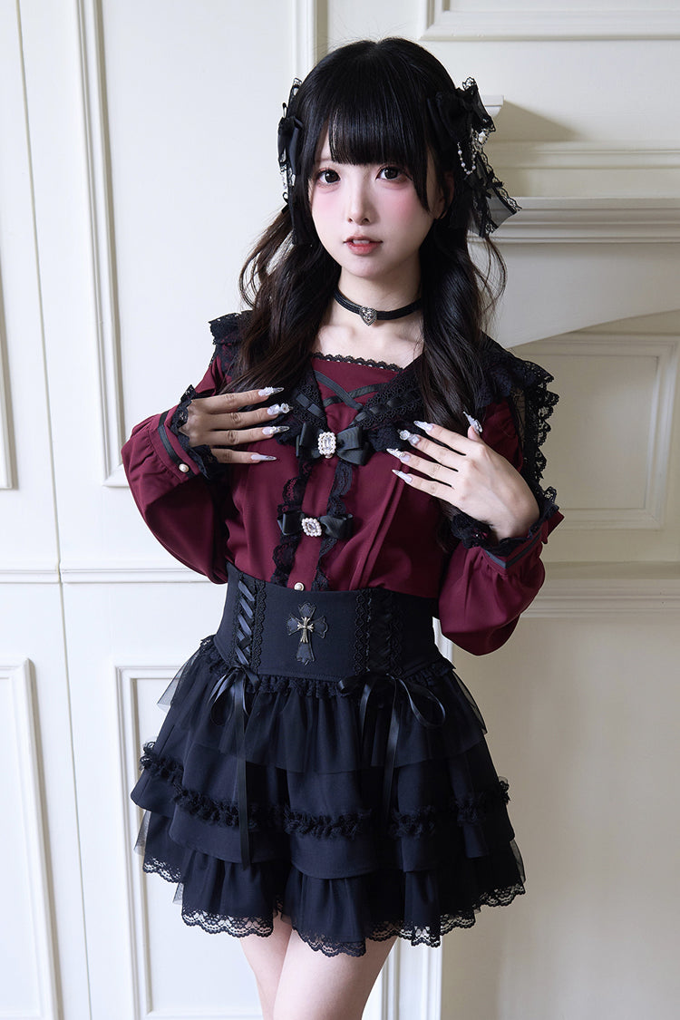 Jirai Kei Navy Collar Long Sleeves Bowknot Lace Sweet Japanese Blouse 3 Colors - Product - 10