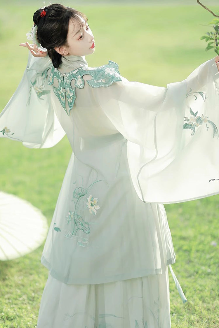 Green Stand Collar Embroidery Classic Hanfu Full Set - Product - 5