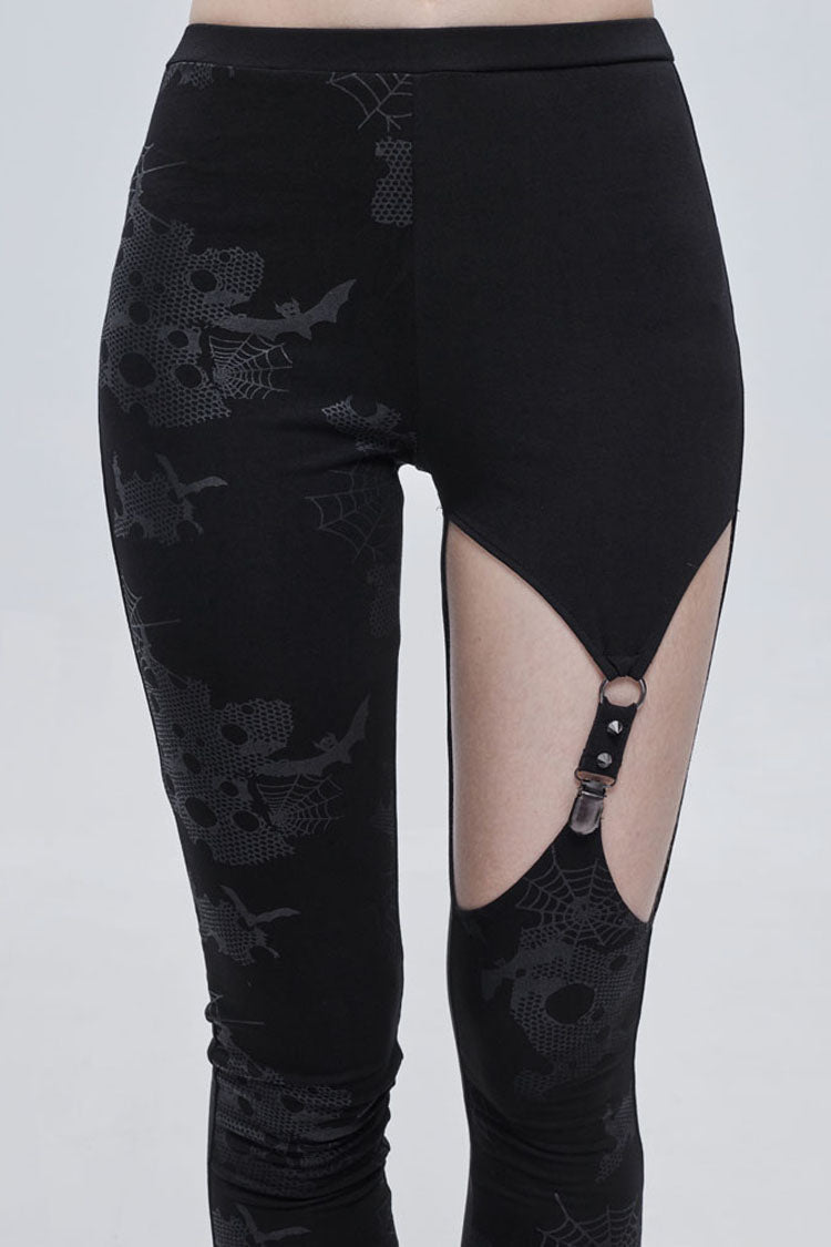 Black Gothic Ripped Spider Web Print Asymmetric Belt Buckle Decoration Women's Leggings - Product - 9