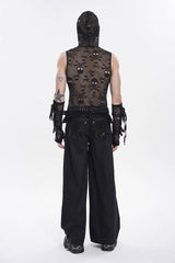 Black Sleeveless Slim  Skull Hooded Mesh Eyelet Men's Punk Cool Vest - Product - 4