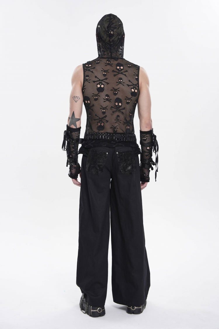 Black Sleeveless Slim  Skull Hooded Mesh Eyelet Men's Punk Cool Vest - Product - 4