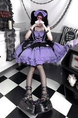 Black/Purple [Halloween Little Witch] Sleeveless Double-Layered Ruffle Bowknot Lace-Up Gothic Lolita Jsk Dress - Product - 7