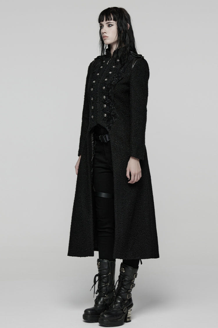 Black Stand Collar Long Sleeves Jacquard Zipper Double-Breasted Women's Punk Coat - Product - 2