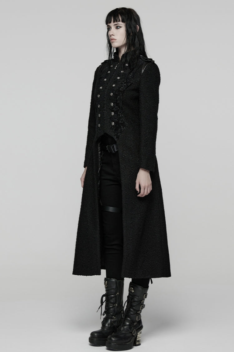 Black Stand Collar Long Sleeves Jacquard Zipper Double-Breasted Women's Punk Coat - Product - 2
