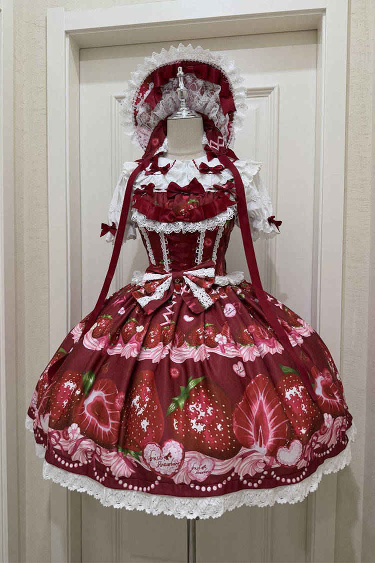 [Sweet Berry Tale] Strawberry Print Ruffle Bowknot Lace Sweet Lolita Jsk Dress 4 Colors - Red - 3