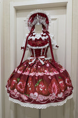 [Sweet Berry Tale] Strawberry Print Ruffle Bowknot Lace Sweet Lolita Jsk Dress 4 Colors - Red - 3