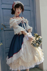 Blue/White Long Sleeves Cardigan Bowknot Sweet Lolita Dress - Blue/White - 1