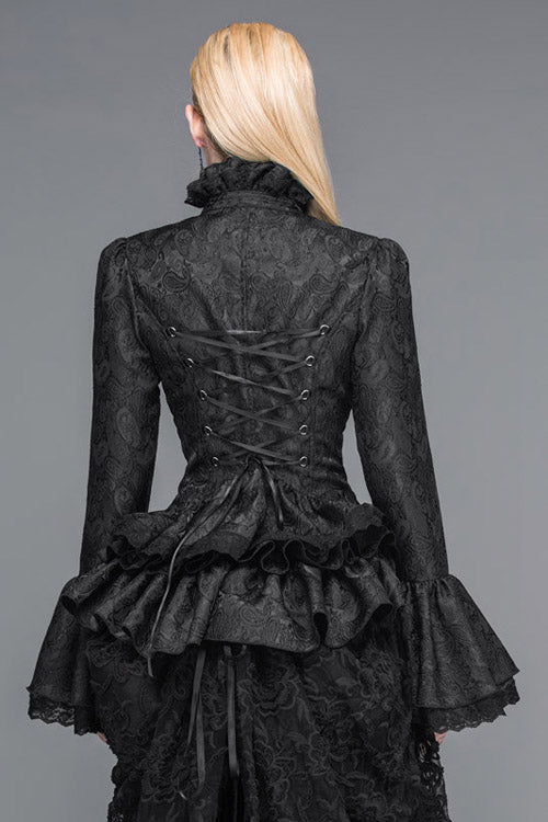 Black Trumpet Sleeves Lace Ruffled Vintage Print Womens Gothic Blouse - Product - 3