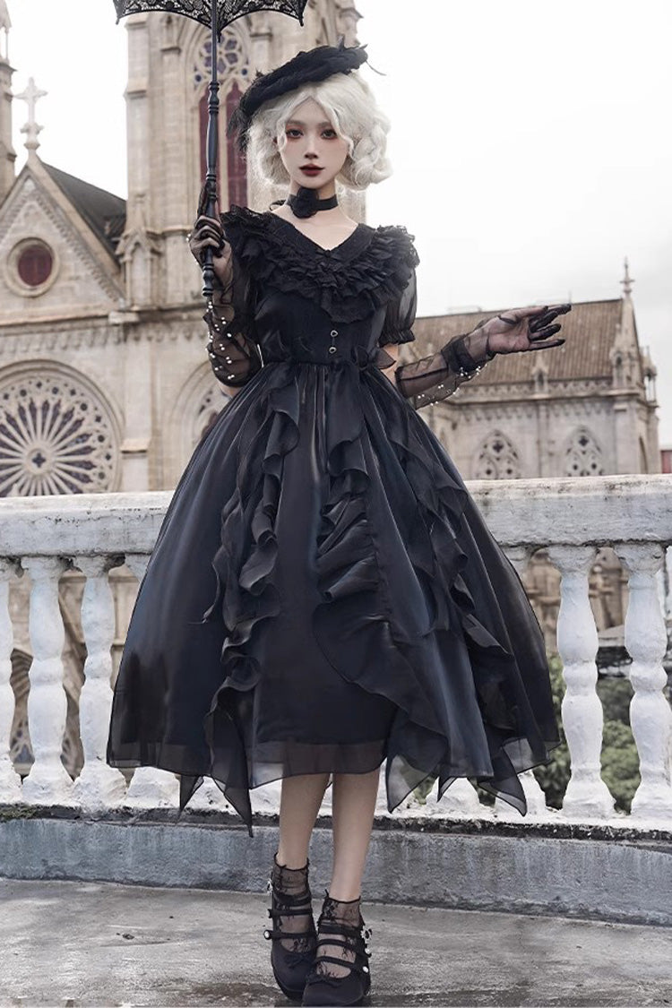 Black V-Neck Lace Cla Daily Short Puff Sleeves Gothic Lolita Dress - Black - 1