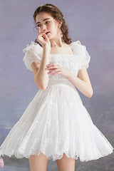 White Vintage Square Collar Ruffled Princess Short Sleeve Dot Print High Waisted Mesh Sweet Lolita Dress - Product - 4