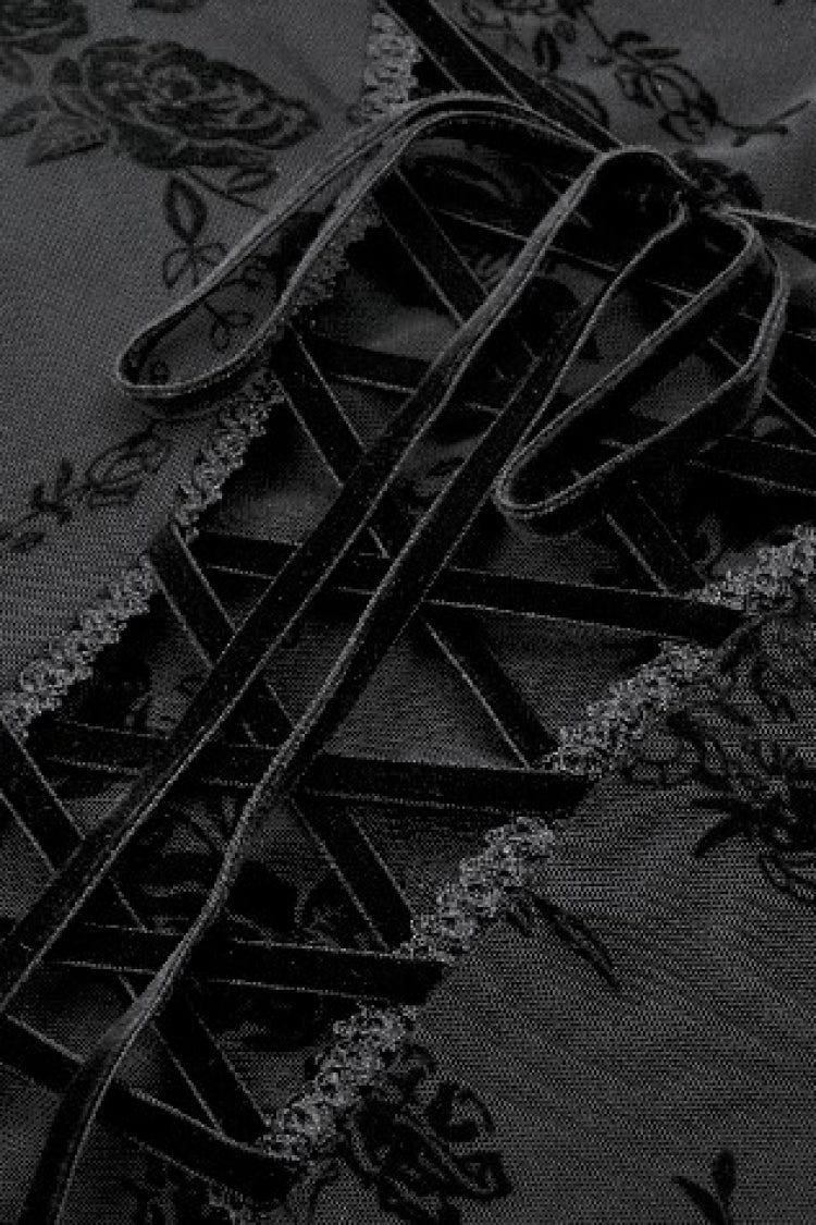 Black Square Collar Long Trumpet Sleeves Mesh Embroidered Lace Lace-Up Women's Gothic Dress - Product - 16