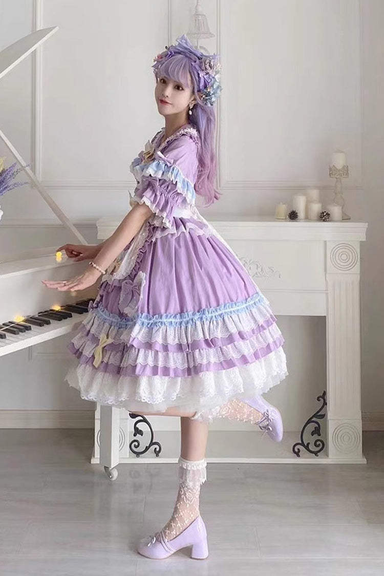 Purple Star Sugar Short Sleeves Multi-layer Ruffle Bowknot Sweet Lolita Dress - Product - 6