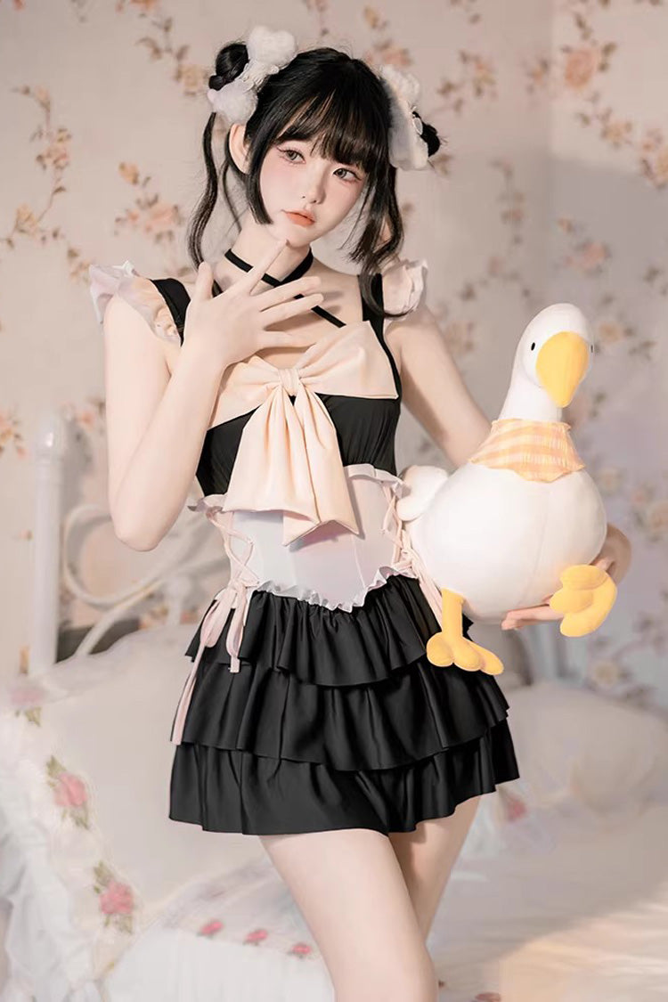 Black/Pink Summer Sweetheart Triple-Layered Ruffled Bow Sweet Lolita Bubble Swimsuit - Product - 4