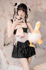 Black/Pink Summer Sweetheart Triple-Layered Ruffled Bow Sweet Lolita Bubble Swimsuit - Product - 4