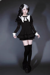 Black/White Long Sleeves Ruffle Bowknot Jirai Kei Japanese Witch Set - Product - 6
