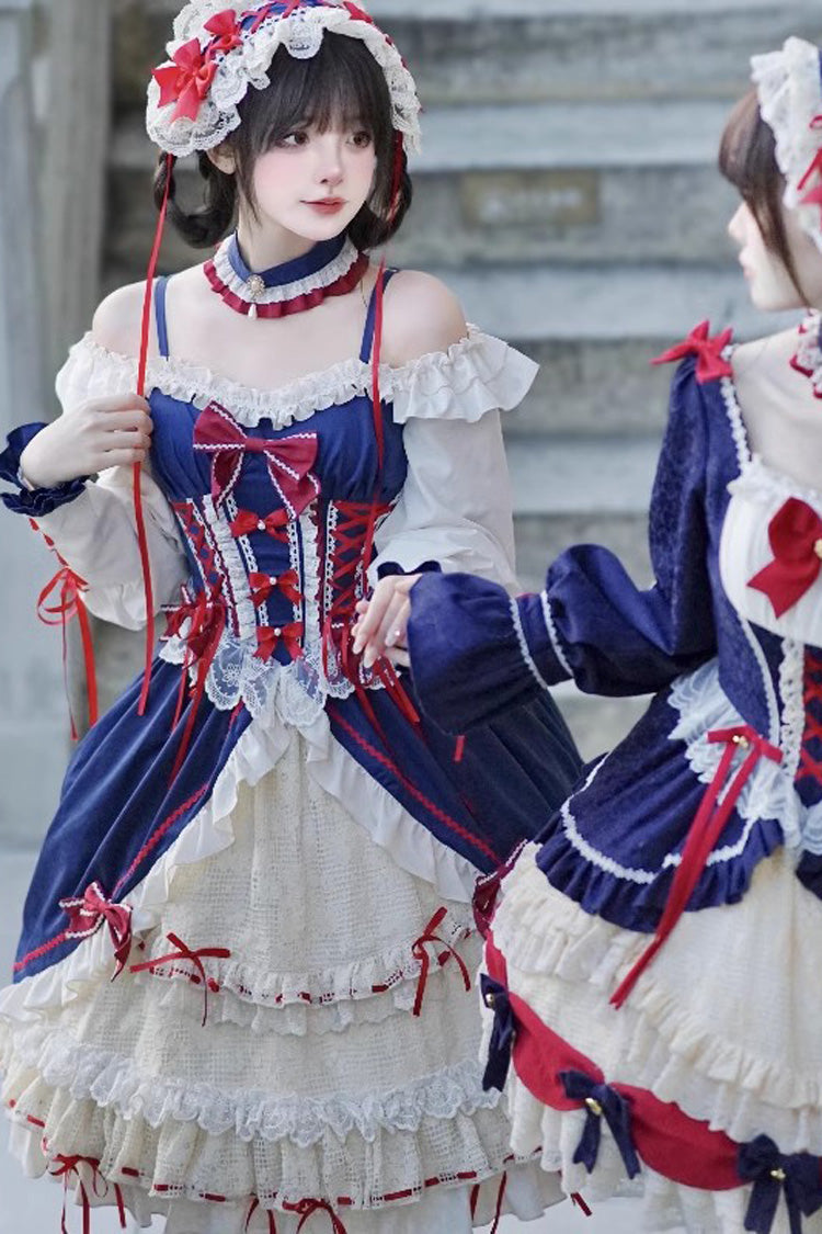 White/Blue Snow White Love Song Ruffle Cardigan Bowknot Long Sweet Lolita Dress - Product - 3