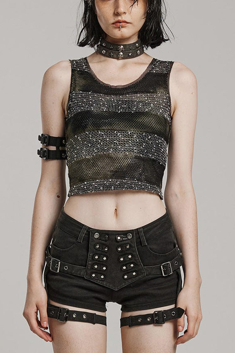 Black/Green Round Collar Sleeveless Hollow Slim Striped Womens Daily Steampunk Vest - Black/Green - 1