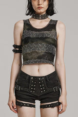 Black/Green Round Collar Sleeveless Hollow Slim Striped Womens Daily Steampunk Vest - Black/Green - 1
