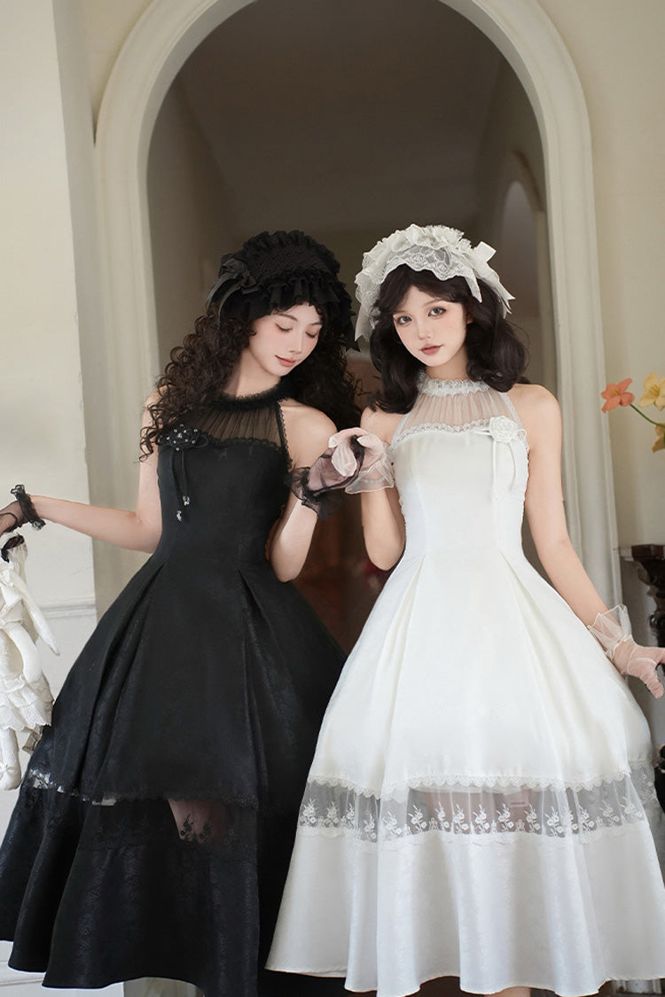 Black [Flowers in the Mist] Off Shoulder Halterneck Print Ruffle Gothic Elegant Lolita Dress - Product - 14
