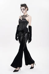 Black Ruffled Spliced Women's Gothic Floral Faux Leather&Velvet Ruffle Pants - Product - 6