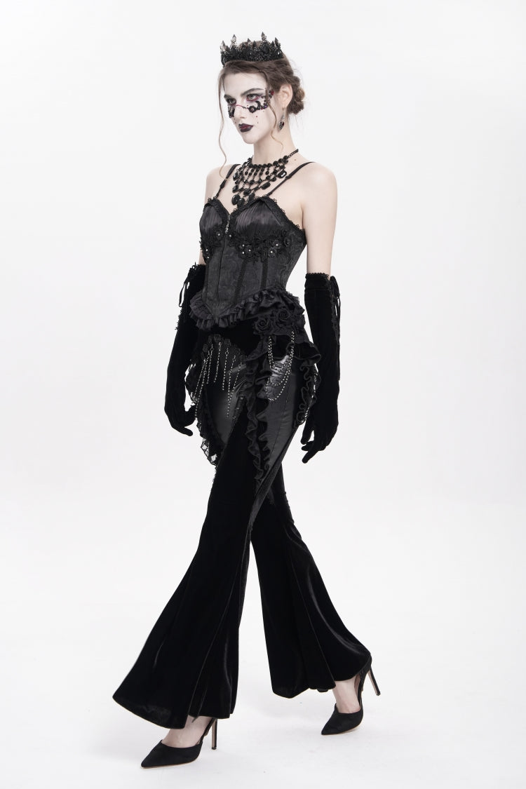 Black Ruffled Spliced Women's Gothic Floral Faux Leather&Velvet Ruffle Pants - Product - 6