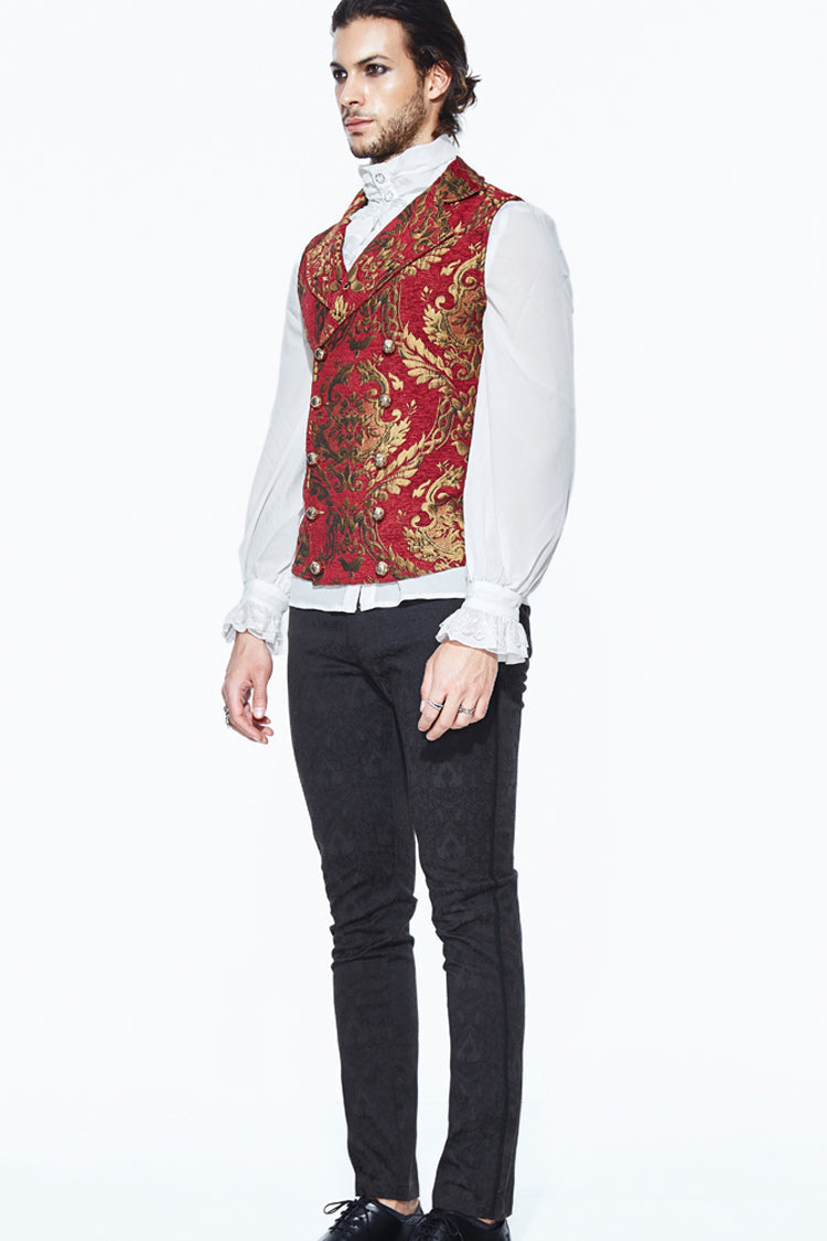 Red/Gold Palace Short Big Jacquard Pattern Men's Gothic Waistcoat - Product - 5