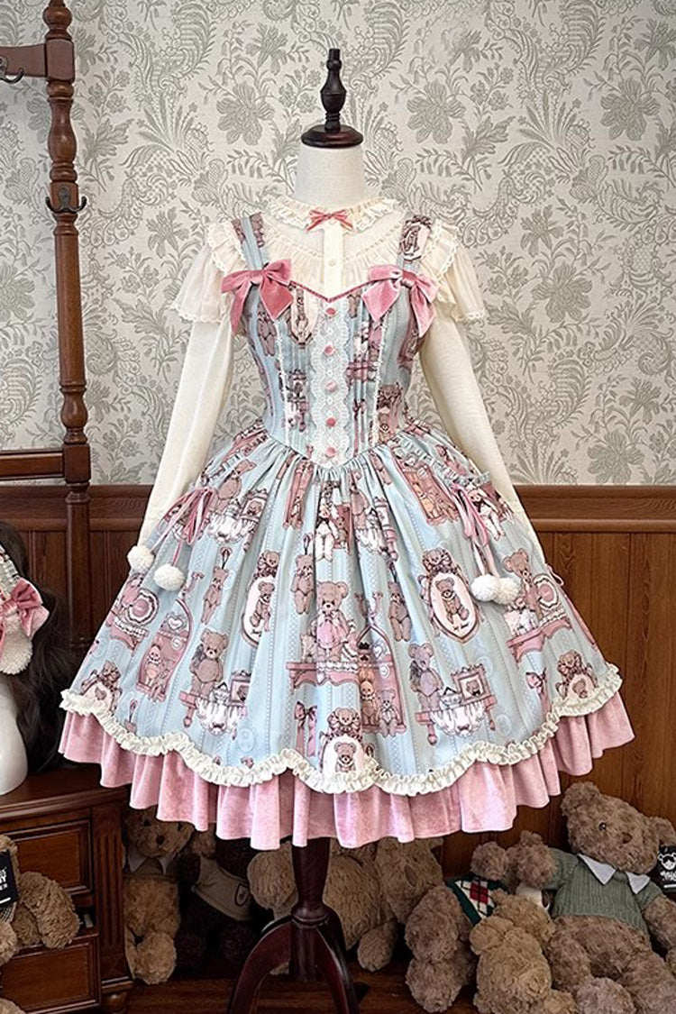 Pink/Green Bear Doll Wall Print Ruffle Embroidery Bowknot Sweet Lolita Jsk Dress - Product - 3