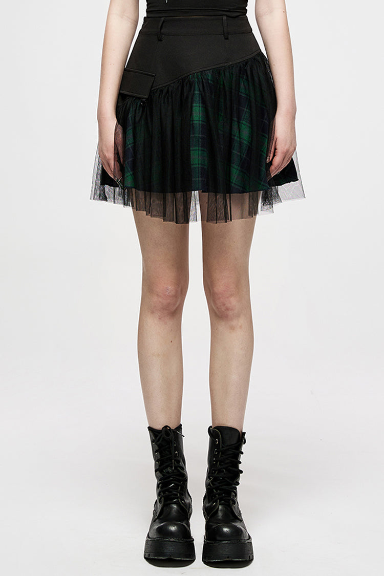 Green Cotton Splicing Mesh Plaid Personalized Pocket Decoration Waist Punk Women's Short Skirt - Green - 1