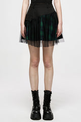 Green Cotton Splicing Mesh Plaid Personalized Pocket Decoration Waist Punk Women's Short Skirt - Green - 1