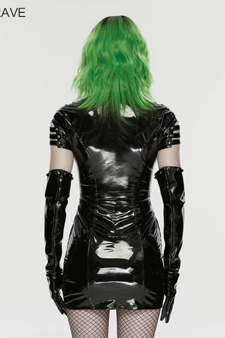 Black Stand Collar Short Sleeves Spliced Lace-Up Slim Mesh Buckled Women's Punk Handsome Dress - Product - 4