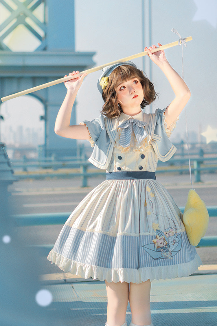 Blue/Ivory Catch The Stars Print Navy Style Sleeveless Ruffle Bowknot Sweet Lolita Dress - Product - 2