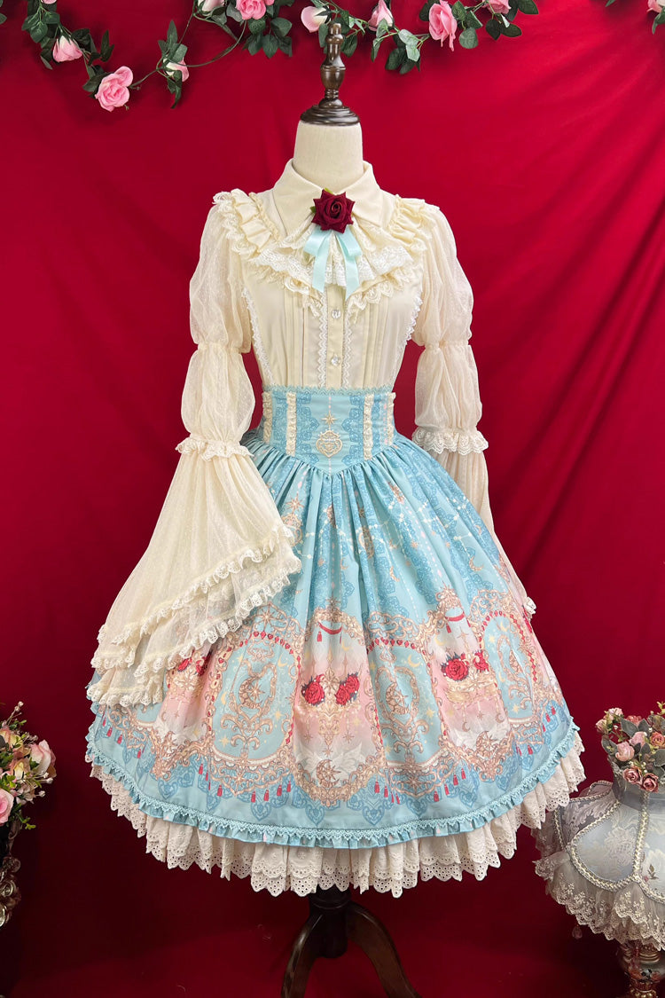 Blue [Moonlit Garden Secret] Print Ruffle Embroidery Lace Sweet Elegant Palace Lolita Skirt - Product - 14