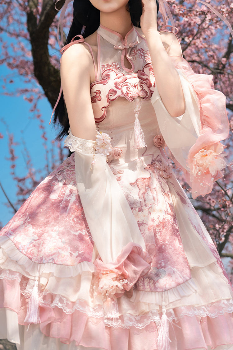 Pink [Flower Feast] Multi-Layered Print Ruffle Bowknot Sweet Chinese Style Lolita Jsk Dress - Product - 10