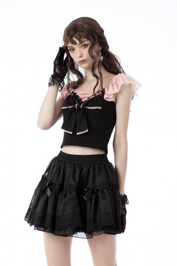 Black Women's Gothic Lolita Bowknot Multi-Layered Lace Trim Mini Skirt - Product - 2