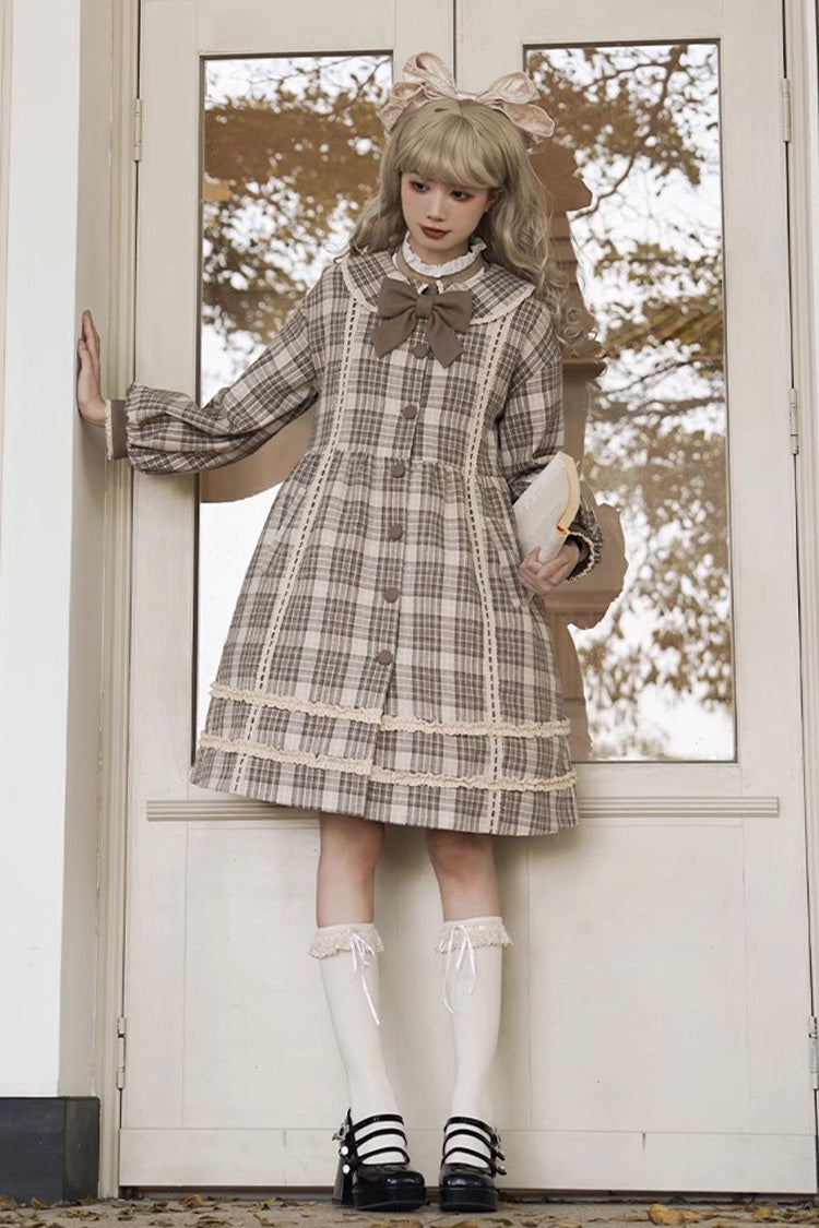 Light Brown Doll Collar Long Sleeves Multi-layer Print Bowknot Sweet College Style Lolita Dress Coat - Product - 9