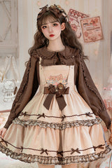 Khaki [Cute Bear] Embroidery Print Sleeveless Double-Layered Ruffle Bowknot Sweet Lolita Jsk Dress - Khaki - 1