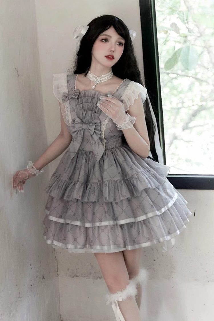 Grey Sleepless Dreams Multi-layer Print Ruffle Bowknot Sweet Elegant Lolita Jsk Dress - Product - 4