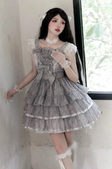 Grey Sleepless Dreams Multi-layer Print Ruffle Bowknot Sweet Elegant Lolita Jsk Dress - Product - 4