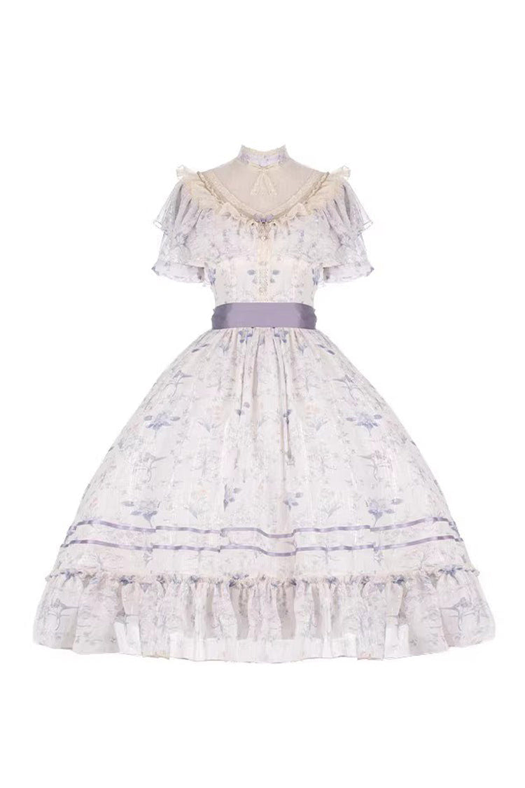 Purple [Summer Flower Wall] Short Sleeves Printed Ruffled Bow Lace Sweet Elegant Lolita Dress with Padded Bust - Product - 2