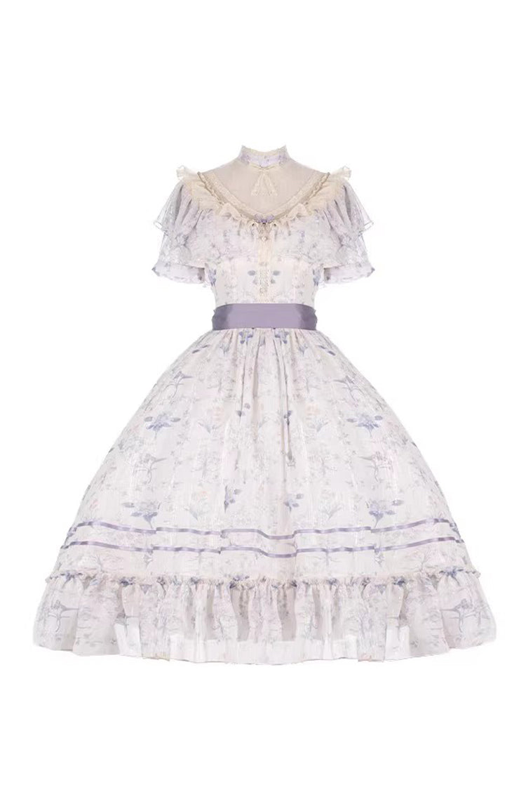 Purple [Summer Flower Wall] Short Sleeves Printed Ruffled Bow Lace Sweet Elegant Lolita Dress with Padded Bust - Product - 2