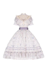 Purple [Summer Flower Wall] Short Sleeves Printed Ruffled Bow Lace Sweet Elegant Lolita Dress with Padded Bust - Product - 2