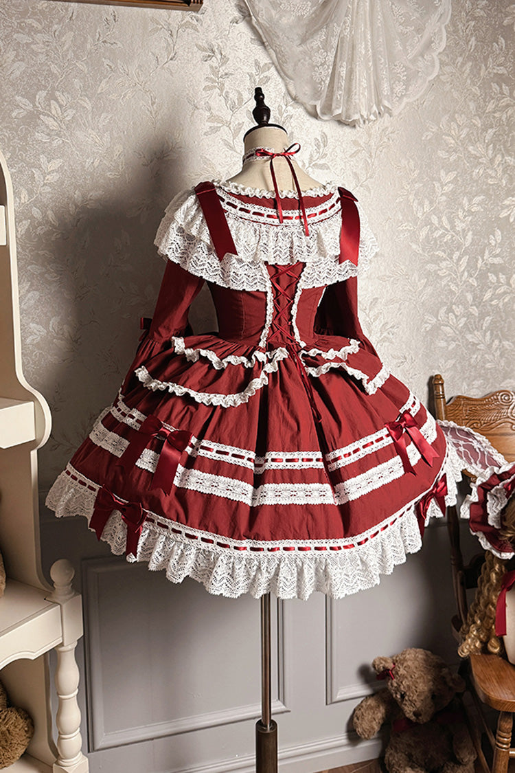 Wine Red [Rabbit Sleeping Doll] Long Trumpet Sleeves Ruffle Bowknot Lace Sweet Lolita Dress - Product - 7