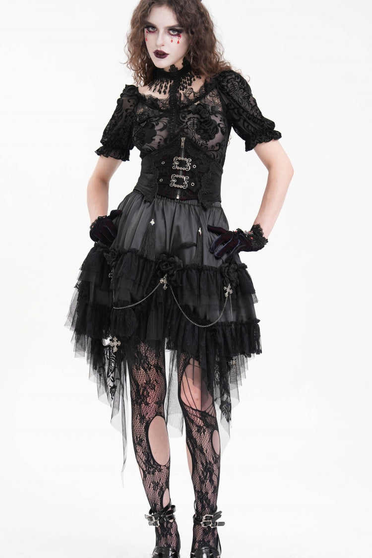 Black Cross Chain Ruffle Lace Irregular Hem Women's Gothic Skirt - Product - 8