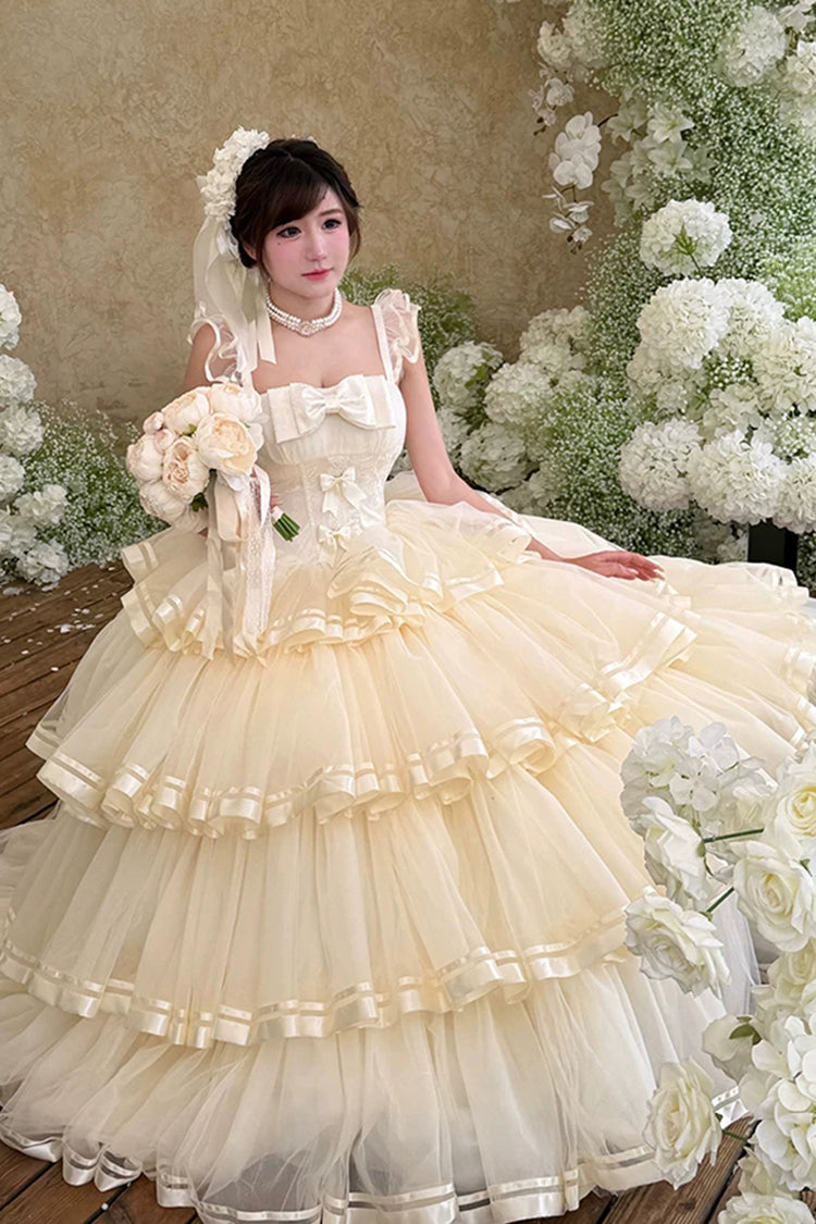 Apricot [Sweet Organza Satin] Sleeveless Multi-Layered Ruffled Hanayome Bow Lace Sweet Elegant Princess Lolita Jsk Dress - Product - 6