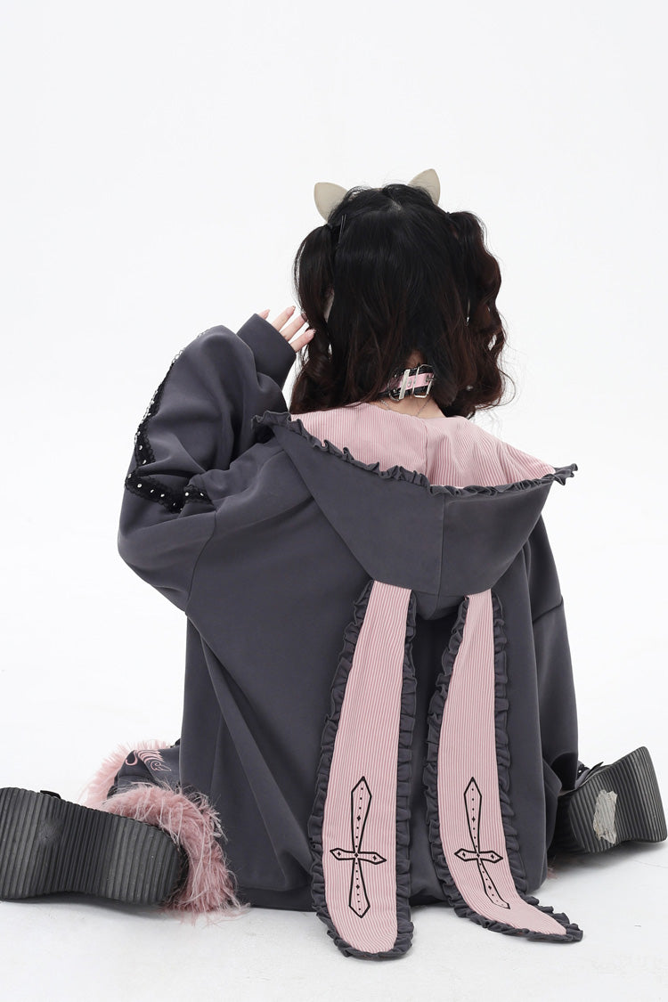[Striped Bunny Ears] Long Sleeves Heart Print Embroidery Hooded Zipper Sweet Jirai Kei Cool Lolita Coat 2 Colors - Product - 13