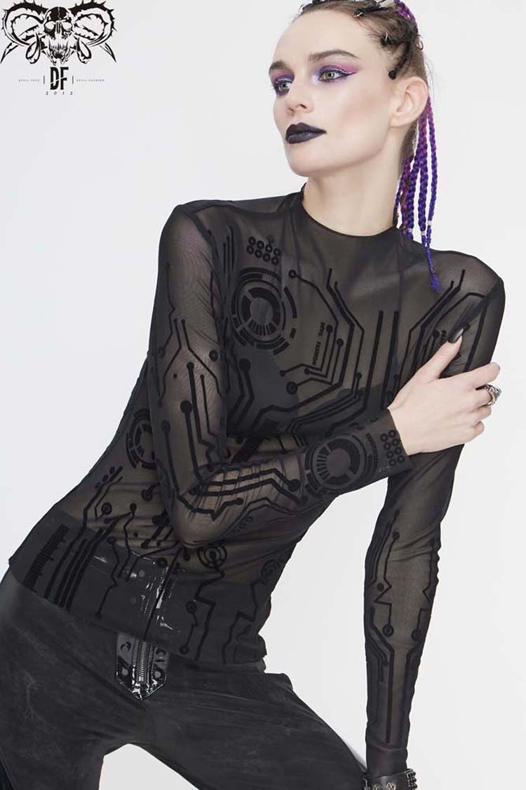 Black Long Sleeve The Printed Flocking Mesh Rough Selvedge Women's Punk Shirt - Product - 4