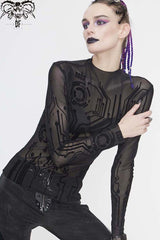 Black Long Sleeve The Printed Flocking Mesh Rough Selvedge Women's Punk Shirt - Product - 4