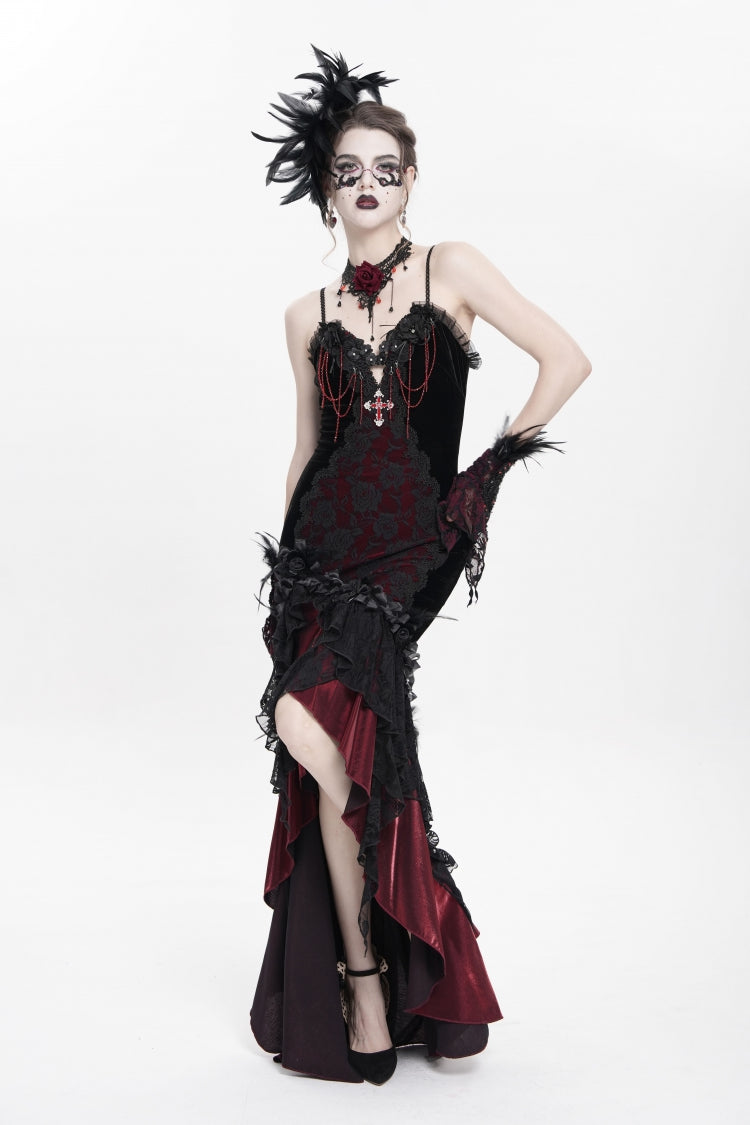 Black/Red Sleeveless Cross Ruffled Floral Embroidered Chain-Decorated Women's Gothic Long Slip Dress - Product - 6